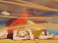 Launch and Bulma lying on the ground to protect themselves from the explosion