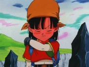 Pan blushing when she sees Oceanus' attack ripped off Goku's clothes