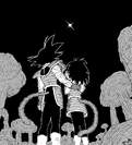 Bardock embraces Gine while watching their son as he leaves for planet Earth in Dragon Ball Minus