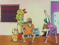 Bulma showing Roshi, Launch and Krillin how to do aerobics