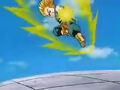 Trunks fires a Ki Blast at Goten