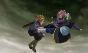 Future Zamasu and Goku Black fighting against Super Saiyan Rage Trunks.