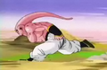 The huge Buu about to ram the Eastern Supreme Kai