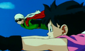 Gohan flying with Videl while wearing his Great Saiyaman Suit