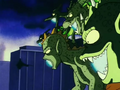 Mutated Namekian offspring charging Chou Makouhou to attack a city