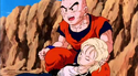 Krillin keeping the unconscious Android 18 safe after being freed from Cel's body