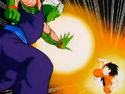 Piccolo prepares to blast Goku to the ground