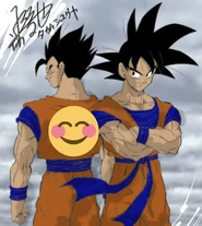 Arte de Son Gohan y Son Goku. Un emoji tapa el símbolo en el uniforme de Gohan.