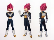 Hoja de diseño de personaje de Vegeta Supersaiyano Dios para Dragon Ball Super: Broly.