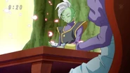 Zamasu giving a calm smile with Gowasu