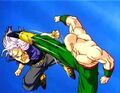 Future Trunks dodges Tien's kick