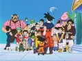 Goku, Vegeta, Good Buu, Bee, and Mr. Satan return to the Lookout after defeating Kid Buu.