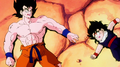 Goku and Gohan, both gravely injured by Vegeta