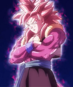 Gogeta ssj5 with purple and silver hair and ultra ego marks on his