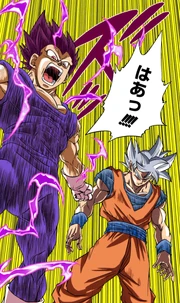 Ultra Ego Vegeta and Perfected Ultra Instinct Goku assume their forms alongside each other.