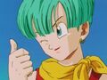 Bulma giving a thumbs up at Vegeta after the defeat of Kid Buu