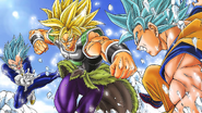 Son Goku y Vegeta Supersaiyano Azulado Perfeccionado contra Broly Supersaiyano.