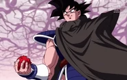Turles holding Fruit of the Tree of Might while greeting Goku in Super Dragon Ball Heroes anime