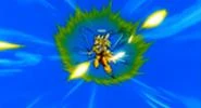 Goku Super Saiyan 3 desvía las ráfagas de ki con su aura