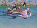 Trunks, Pan, Goku, Giru on a boat in the Dragon Ball GT ending