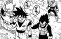 Good Buu transformed into Grand Supreme Kai with Merus, Vegeta, and Goku in the Dragpn Ball Super manga