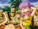 Bulma gives an awkward smile