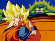 Goku transportando Cell para o planeta do Senhor Kaioh