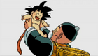 A infant Goku being held by Grandpa Gohan