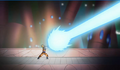 Super Saiyan Goku fires the Super Kamehameha at Ghost Raichi