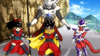 Sealas holding his staff as he appears behind the Heroine, the Hero, and Frieza Clan Hero in the 8th Universe Mission promotional trailer for Super Dragon Ball Heroes