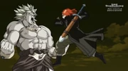 Super Saiyan God Xeno Trunks attacks Broly in Time Freeze Mode in the Super Dragon Ball Heroes anime