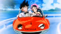 Goku and Chi-Chi driving in their wedding hovercar