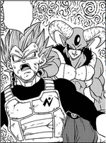 Moro transformado robandole el poder a Vegeta