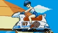 Bulma riding her Capsule 67 Jet-Bike in Idainaru Son Goku Densetsu