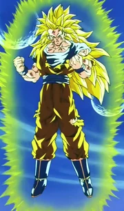 Goku como Super Saiyajin 3 observa Vegeta e Kid Boo lutarem
