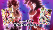 Son Goku Xeno y Vegeta Xeno como Saiyanos 4 al Ultramáximo Poder Rompedor de Límites en un adelanto publicitario de Super Dragon Ball Heroes.