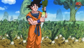 Goku holds the radish he pulled out