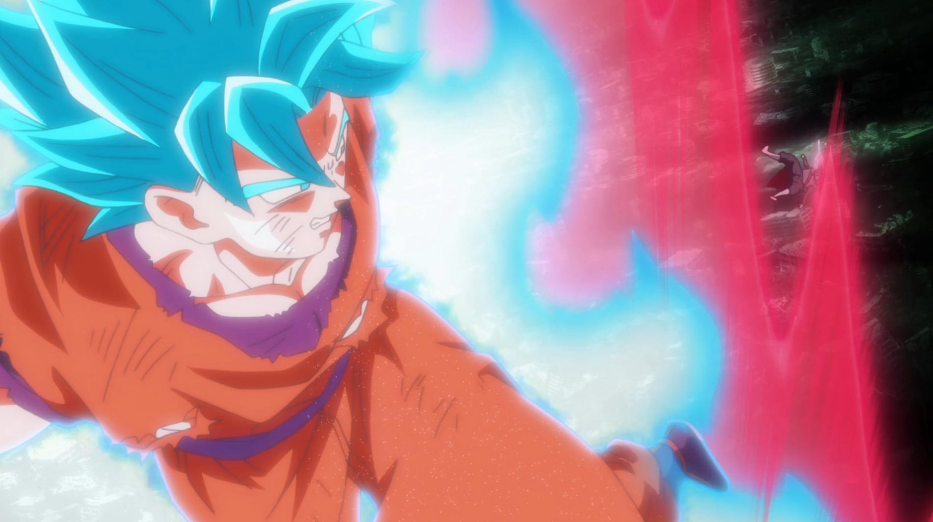 Goku uses the Kaio-ken for a brief moment and kicks away Fusion Zamasu.