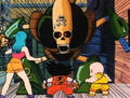 The robot appears in front of Bulma, Goku and Krillin