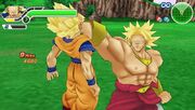 Tenkaichi Tag Team - LSSJ Broly holding SSJ Goku by the face