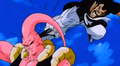 Mr. Satan kicks Super Buu, distracting him from killing Bee