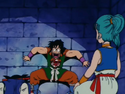 Yamcha jumps up after taking a glimpse of Bulma's chest