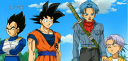 Vegeta y sus dos hijos Trunks del Futuro y Trunks junto a Goku.