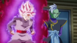 How did SS2 Trunks survive against Rose Goku Black? In the anime, after Trunks realizes Future Zamasu is immortal. SSB Goku and SS2 Trunks get pinned by Future Zamasu, while Rose Goku