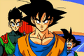 Gohan, Goku, and Goten in the final cutscene of Idainaru Son Goku Densetsu