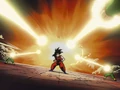 The blasts converging on Goku