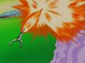Frieza beginning his Killer Ball attack on Super Saiyan Goku with a fiery energy wave