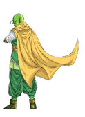 A Namekian Future Warrior wearing the Dragon Clan's Shingi Demon Battle Suit