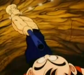 Blue holds his shotgun at Goku's face