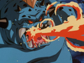 A monster in Hell breathing fire at Piccolo